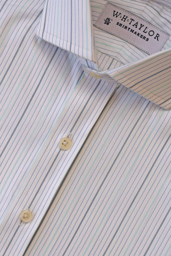 W.H Taylor shirtmakers Triple Blue & Mint Hairline Stripe Poplin Bespoke Shirt