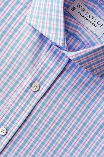 W.H Taylor shirtmakers Sky & Pink Over Check Poplin Bespoke Shirt