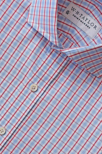 W.H Taylor shirtmakers Sky & Red Over Check Poplin Bespoke Shirt