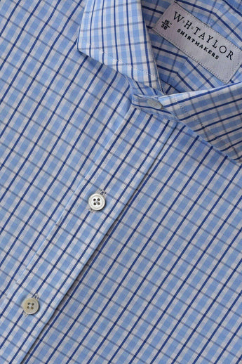W.H Taylor shirtmakers Sky & Navy Over Check Poplin Bespoke Shirt