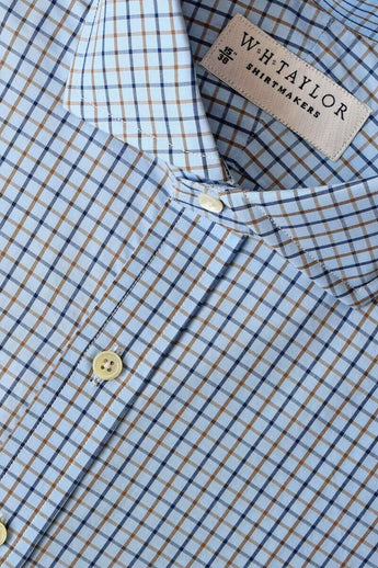 W.H Taylor shirtmakers Sky Tan and Blue Check Poplin Bespoke Shirt