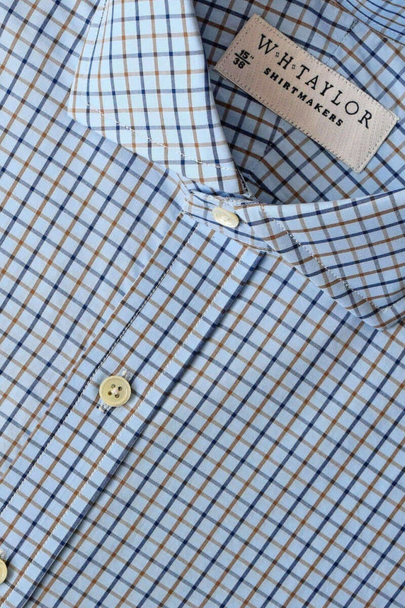 W.H Taylor shirtmakers Sky Tan and Blue Check Poplin Bespoke Shirt