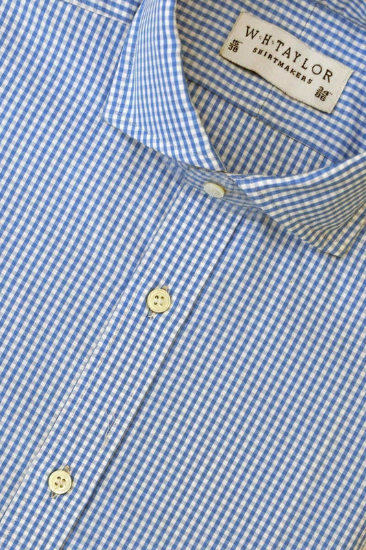 Blue Small Gingham Check 140's Superfine Poplin Men's Bespoke Shirt - whtshirtmakers.com