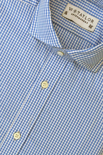W.H Taylor shirtmakers Blue Small Gingham Check 140's Superfine Poplin Bespoke Shirt