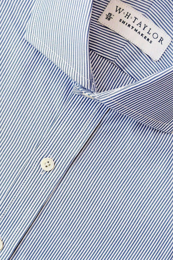 W.H Taylor shirtmakers Navy Narrow Bengal Stripe 140's Superfine Poplin Bespoke Shirt