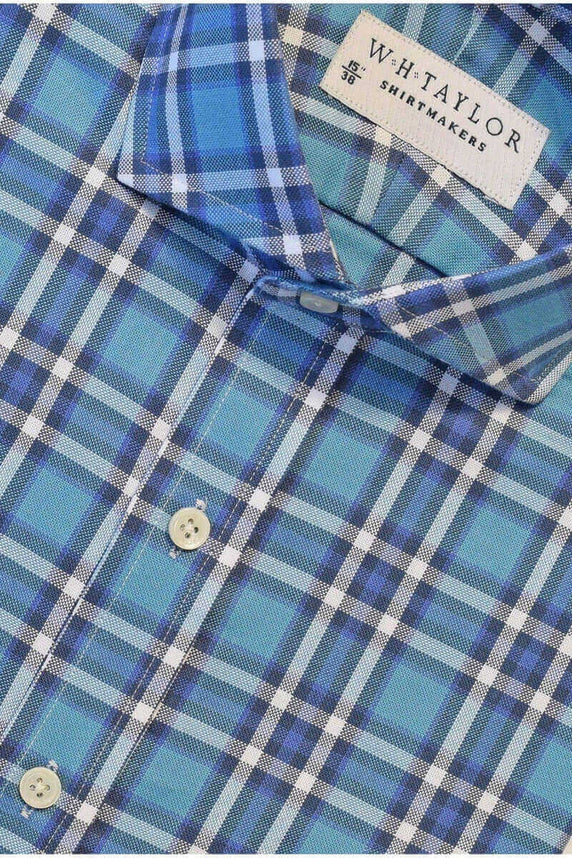 W.H Taylor shirtmakers Aqua Plaid Check Twill Bespoke Shirt
