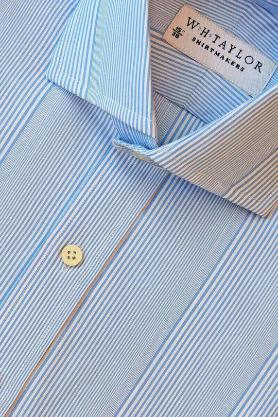 W.H Taylor shirtmakers Blue Bar code Stripe Poplin Bespoke Shirt