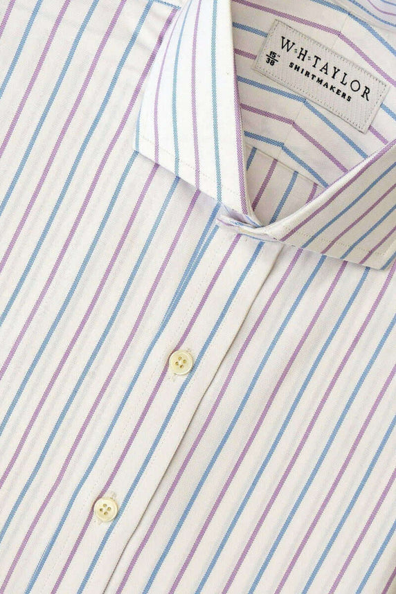 W.H Taylor shirtmakers Blue Lilac Alternate Dress Stripe Oxford Bespoke Shirt