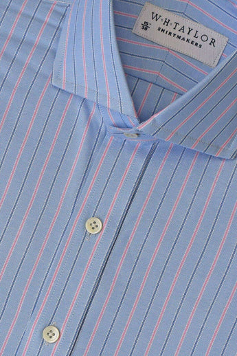 W.H Taylor shirtmakers Navy & Pink on Blue Shadow Stripe Oxford Bespoke Shirt