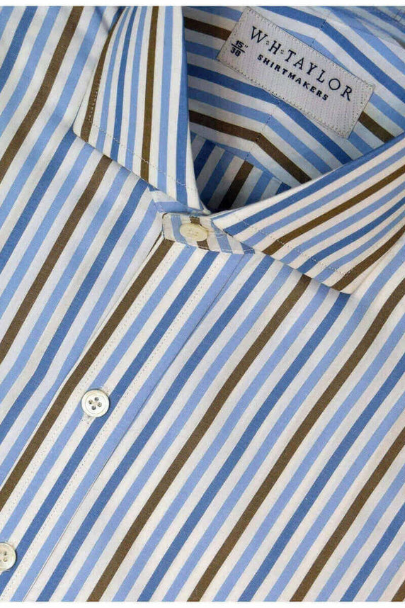 W.H Taylor shirtmakers Blue, Sky, Brown Large Candy Stripe Poplin Bespoke Shirt