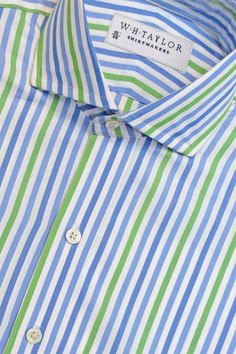 W.H Taylor shirtmakers Blue, Sky, Green Large Candy Stripe Poplin Bespoke Shirt