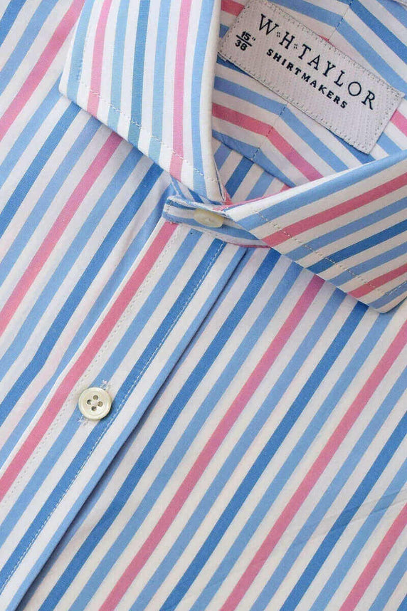 W.H Taylor shirtmakers Blue, Sky & Pink Large Candy Stripe Poplin Bespoke Shirt