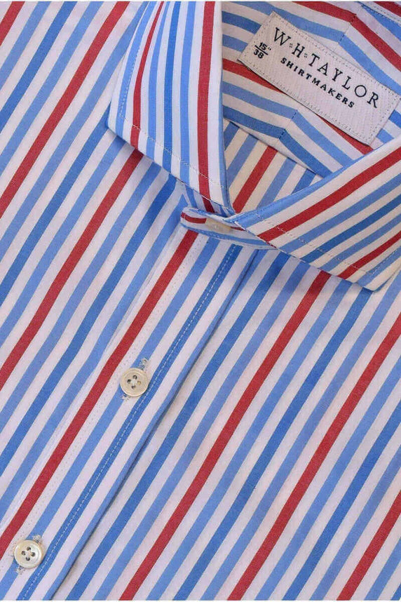 W.H Taylor shirtmakers Blue, Sky & Red Large Candy Stripe Poplin Bespoke Shirt