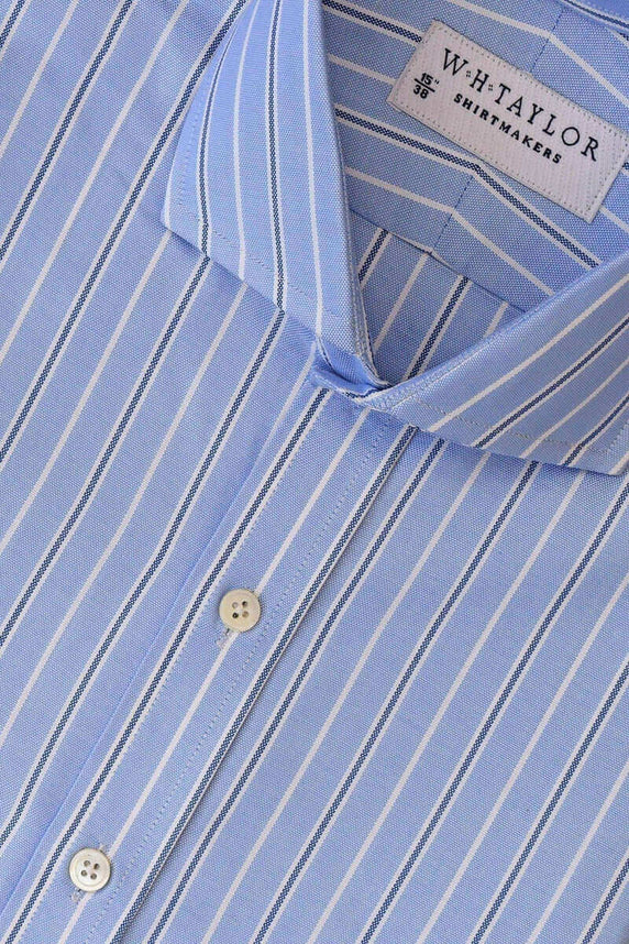 W.H Taylor shirtmakers Navy & White on Blue Shadow Stripe Oxford Bespoke Shirt
