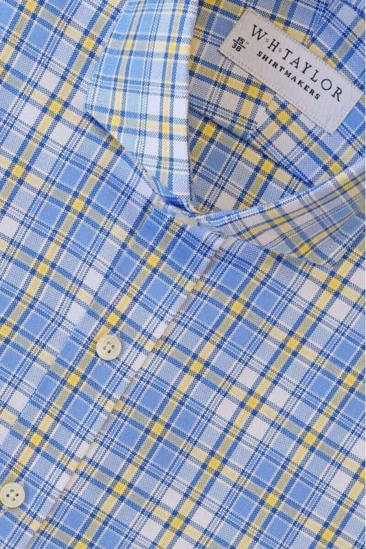 Blue & Yellow Plaid Check Twill Men's Bespoke Shirt - whtshirtmakers.com