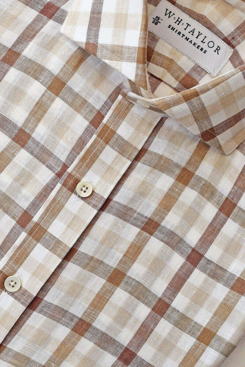 Brown Multiple Check Linen Men's Bespoke Shirt - whtshirtmakers.com