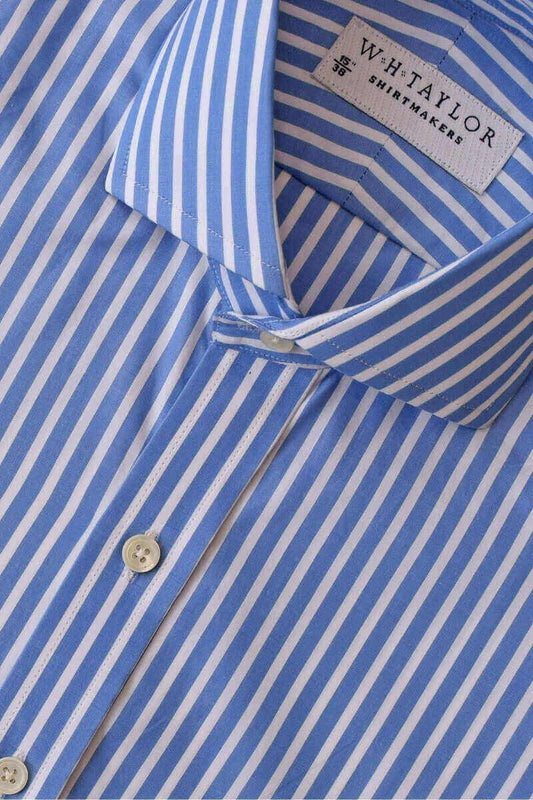 Blue & White Wide Pinstripe Poplin Ladies Bespoke Shirt - whtshirtmakers.com