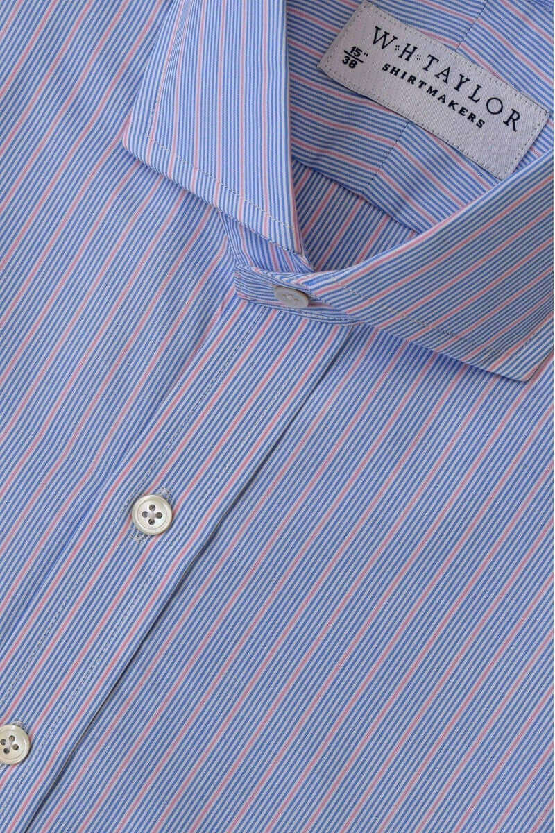 Multi Blue & Pink Hairline Stripe Poplin Men's Bespoke Shirt - whtshirtmakers.com