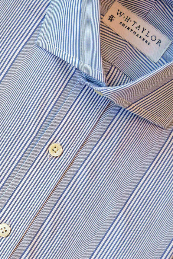W.H Taylor shirtmakers Navy Bar code Stripe Poplin Bespoke Shirt
