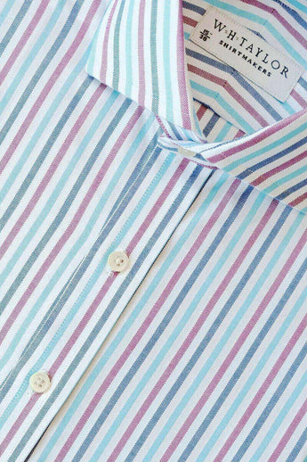 W.H Taylor shirtmakers Navy, Plum & Aqua Stripe Oxford Bespoke Shirt