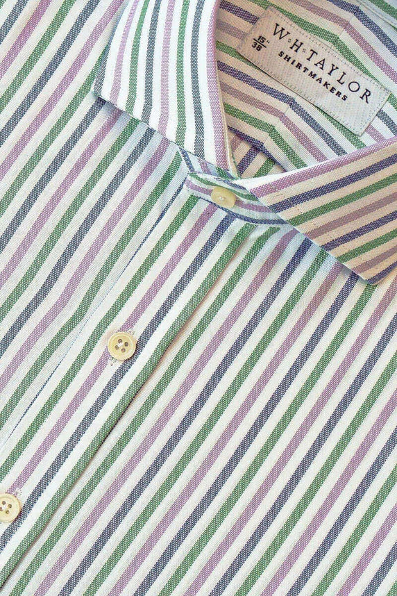 W.H Taylor shirtmakers Navy, Green & Lilac Oxford Stripe Bespoke Shirt