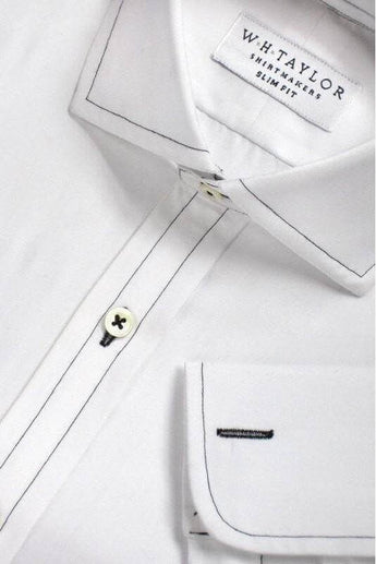 W.H Taylor shirtmakers Plain White Poplin with Black Stitching detail Bespoke Shirt