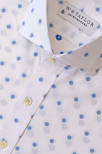 W.H Taylor shirtmakers White & Blue Spotted Compact Cotton Bespoke Shirt