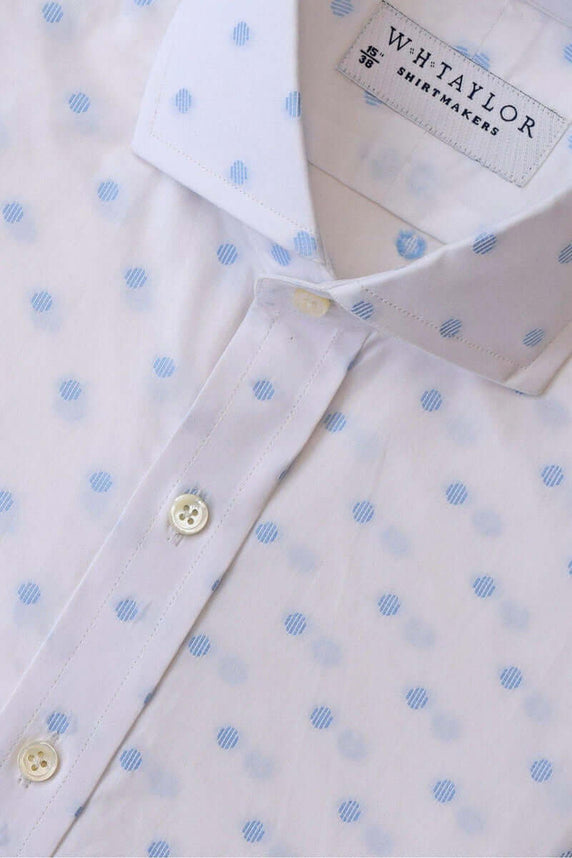 W.H Taylor shirtmakers White & Sky Blue Spotted Compact Cotton Bespoke Shirt