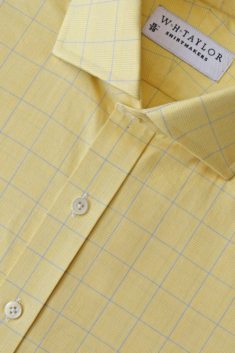 Yellow Blue Prince of Wales Plaid Check Poplin Men's Bespoke Shirt - whtshirtmakers.com